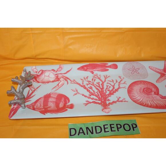Mariposa Melamine Coral Handle Pink Fish Starfish Crab Nautical Serving Platter - Picture 3 of 11